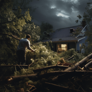 A man cleaning up fallen tress in his yard after a storm
