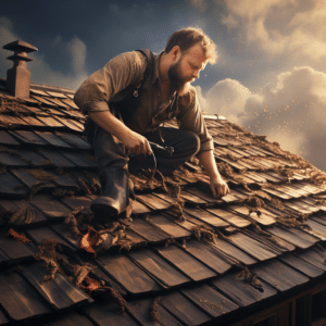 A man repairing his roof after a bad storm